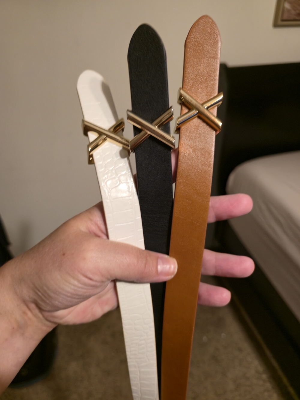 Womens Belt Trio with Gold X Buckle - White, Black, Brown